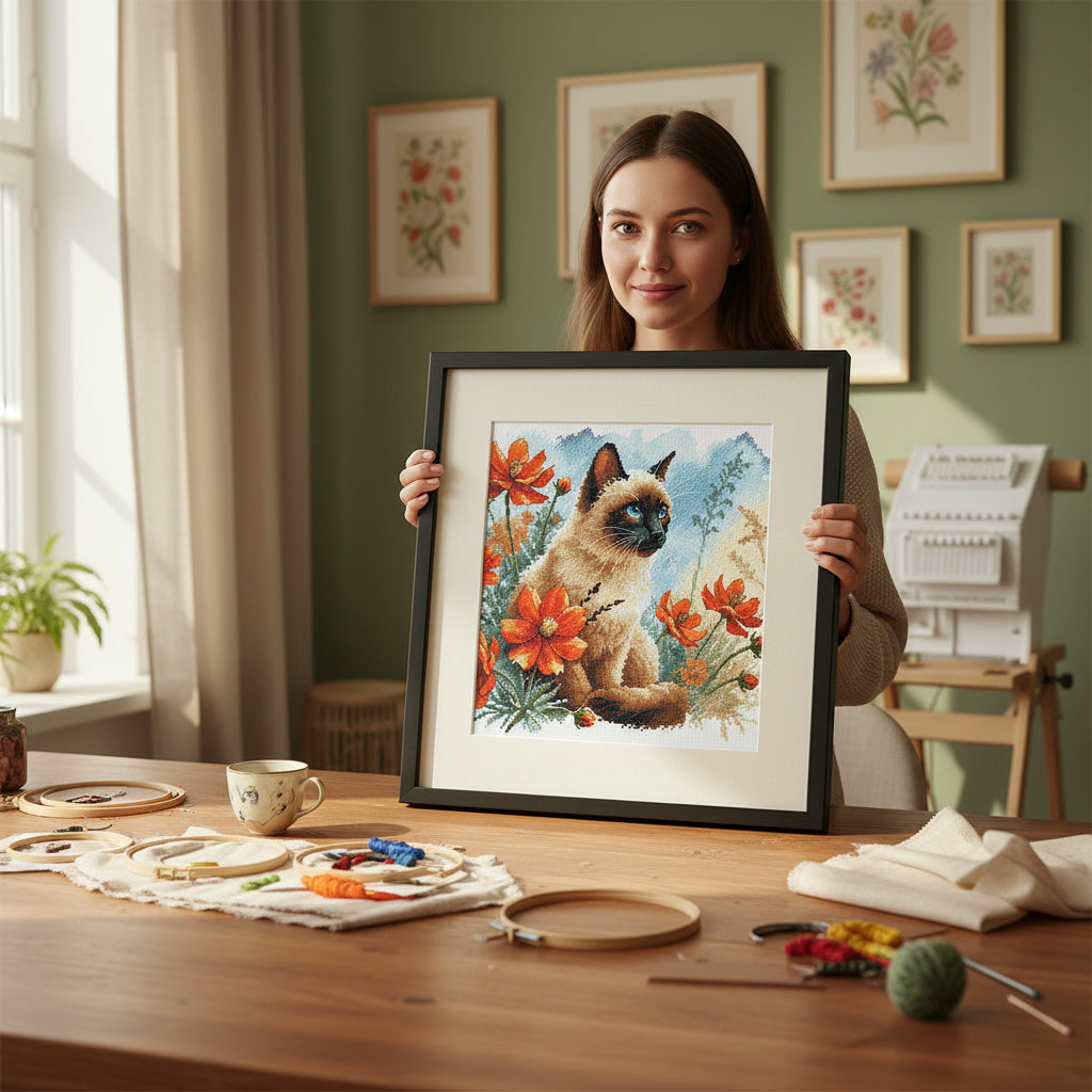 AVA P172 – The Cat’s Garden | Kit de punto de cruz con gato siamés y flores