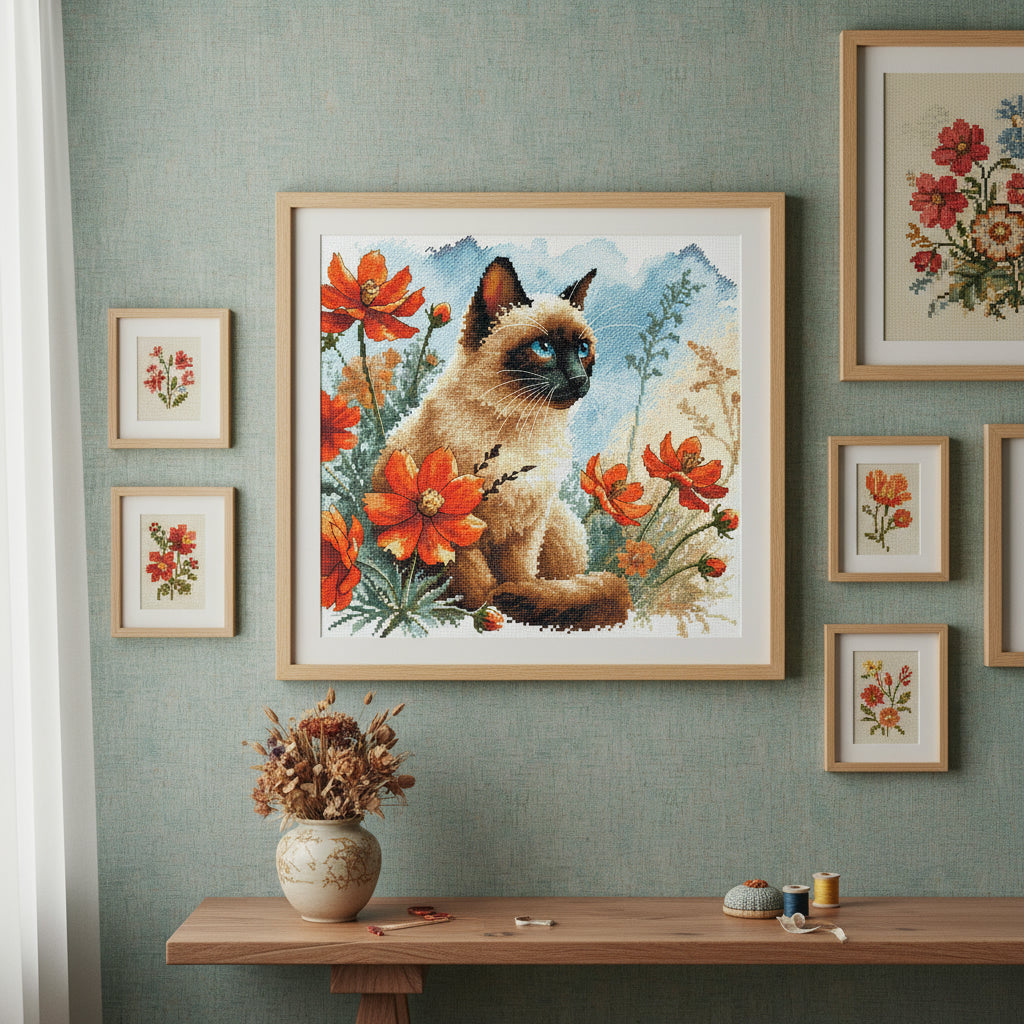 AVA P172 – The Cat’s Garden | Kit de punto de cruz con gato siamés y flores