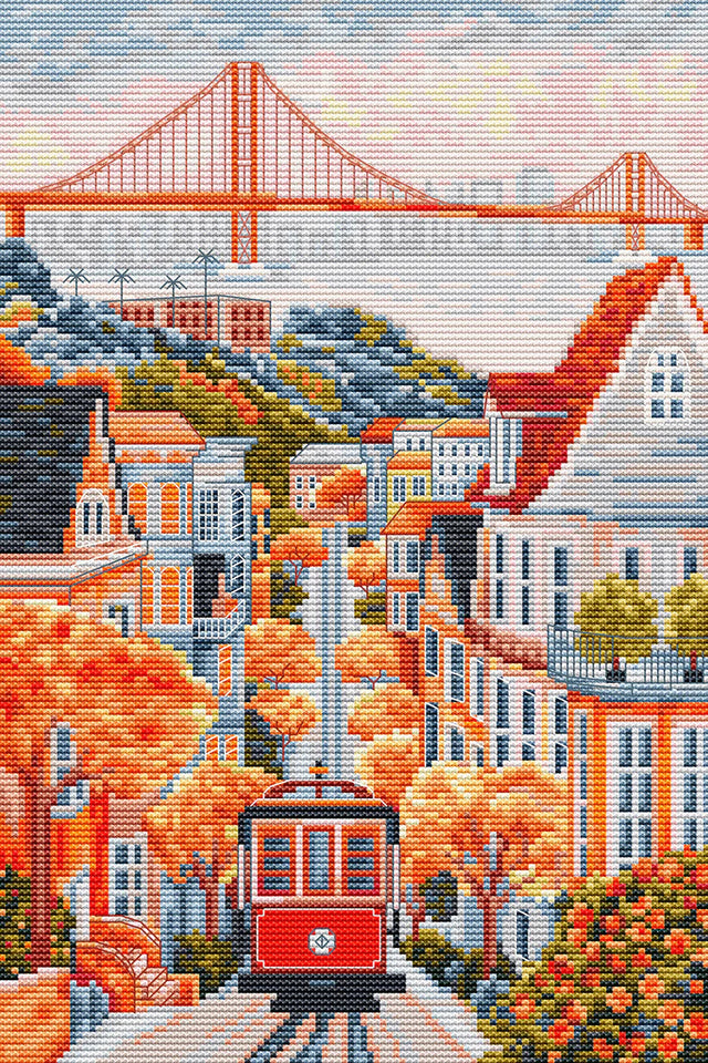 Kit de punto de cruz Luca-S PK04 San Francisco USA con tranvía rojo, casas en pendiente y puente al fondo bordado sobre Aida blanca.
