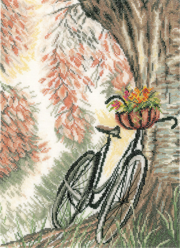 Kreuzstich-Set Fahrrad und Blumenkorb | Lanarte PN-0171414 | 22x33 cm | 30 ct Stoff + DMC-Garn