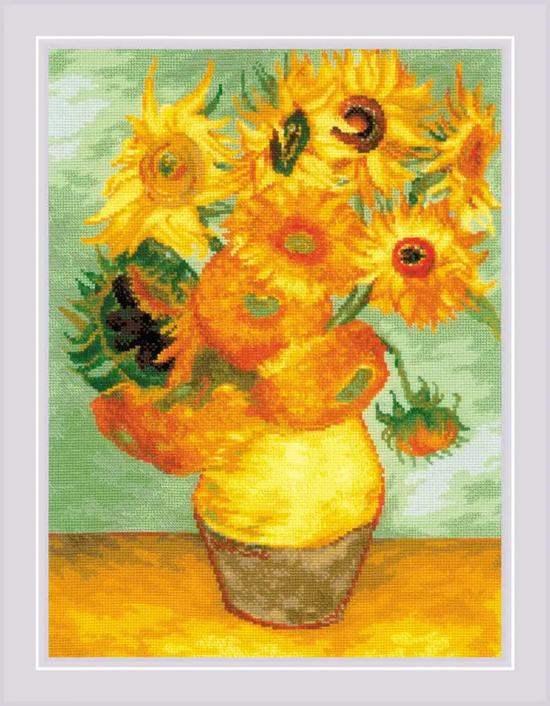 kit de punto de cruz riolis 2032 girasoles de van gogh bordado con jarrón y flores amarillas