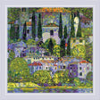 Paisaje con cipreses y casas inspirado en una pintura de Gustav Klimt bordado en punto de cruz