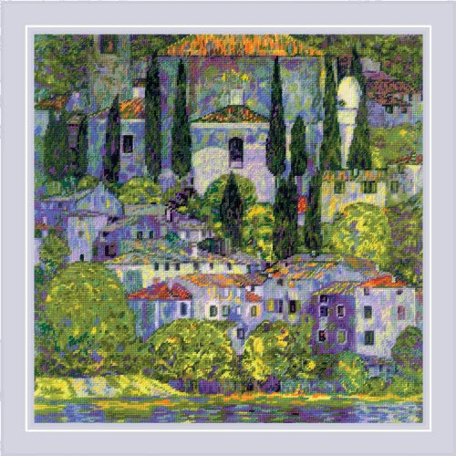 Paisaje con cipreses y casas inspirado en una pintura de Gustav Klimt bordado en punto de cruz