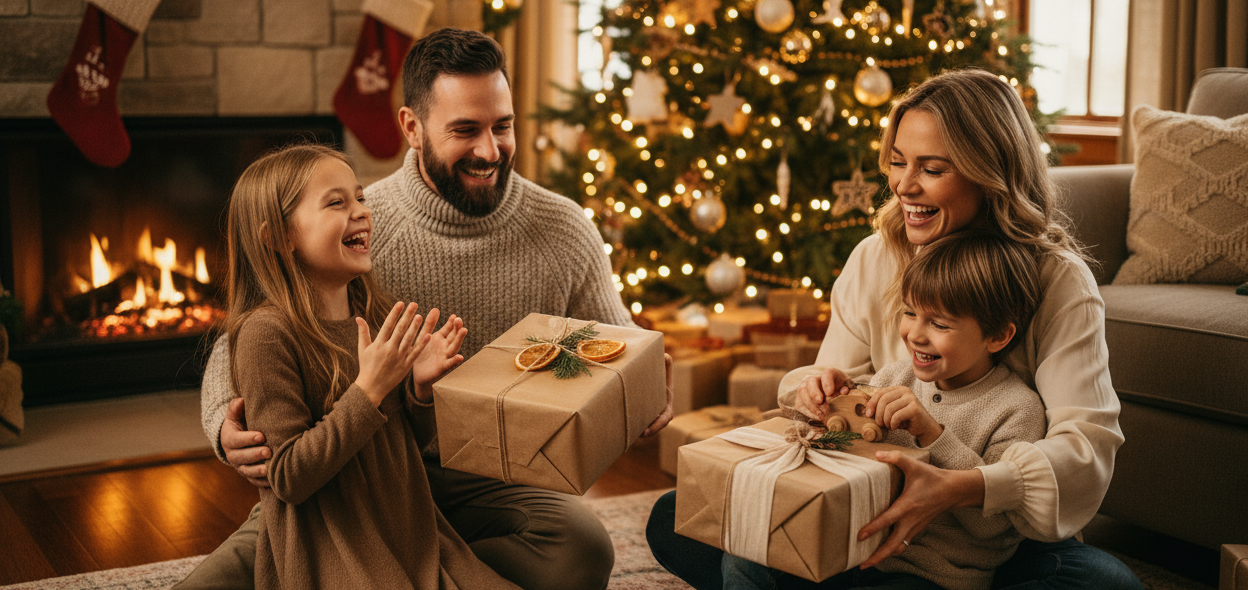 A joyful family celebrating Christmas together in a warm and cozy home. Parents and children smiling, exchanging handmade gifts wrapped in natural paper and fabric, with subtle handcrafted details. Soft golden Christmas lights, warm tones, and a cozy holiday atmosphere. The scene feels authentic, emotional, and intimate, conveying love, togetherness, and the joy of giving handmade gifts. Elegant, natural, premium look. Cinematic lighting, shallow depth of field. Perfect for a Christmas shopping banner. No t