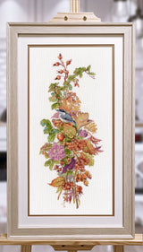 Kit de punto de cruz Autumn Berries Oven S1720 con композиция de hojas y bayas otoñales sobre tela Aida blanca