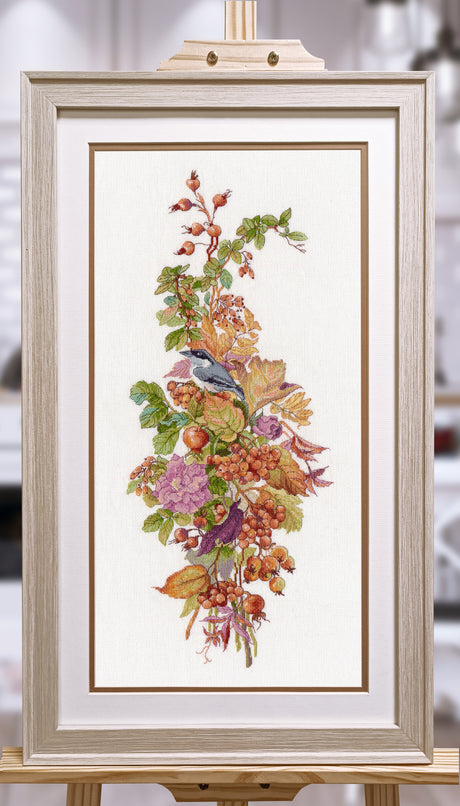 Kit de punto de cruz Autumn Berries Oven S1720 con композиция de hojas y bayas otoñales sobre tela Aida blanca