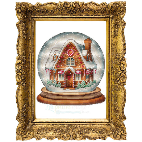 Maison en pain d'épices dans une boule à neige - Grille point de croix - Les Petites Croix de Lucie
