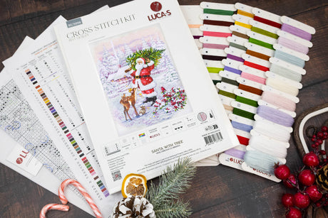 Contenido del kit de punto de cruz Luca-S Santa With Tree BU5098 con materiales completos