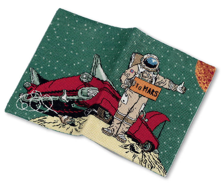 Kit de punto de cruz PANNA Funda para pasaporte To Mars POP-7394 con astronauta y coche rojo en un paisaje inspirado en Marte