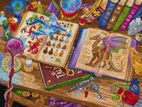 Kit de punto de cruz LetiStitch Dragon Studies L9965, ilustración fantástica con dragones y libros antiguos