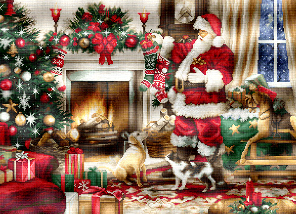 Kit de punto de cruz Luca-S GOLD Santa Interior, escena navideña con Papá Noel junto a la chimenea