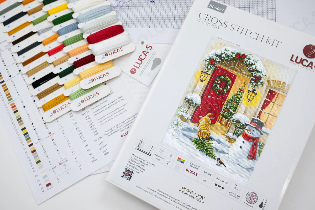 Contenido del kit de punto de cruz Luca-S Puppy Joy BU5097 con todos los materiales incluidos