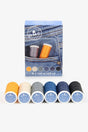 Caja DMC 3023B con seis carretes de hilo Denim de 100 metros en tonos azul, gris, beige, negro y naranja