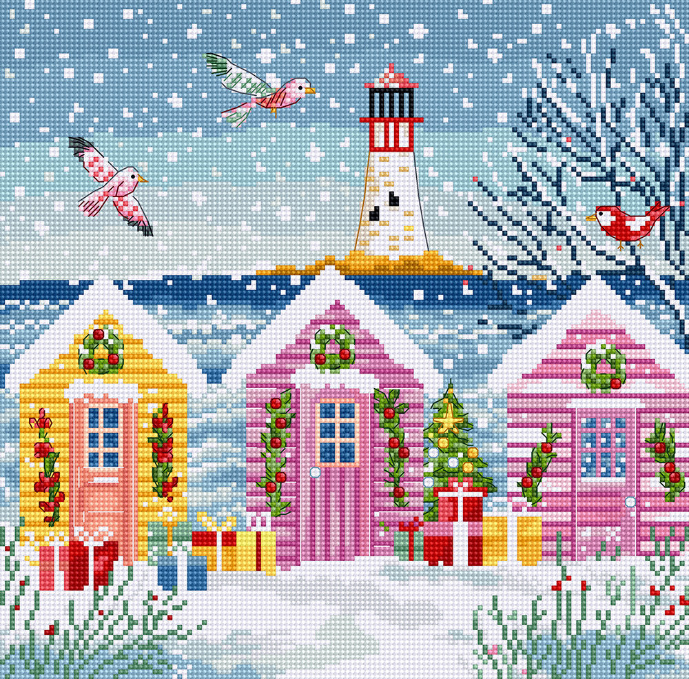 Kreuzstich-Set Letistitch L9915 „Schneebedeckte Häuschen am Meer (Snowy Sea Cottages)“ – Weihnachten 23x22 cm