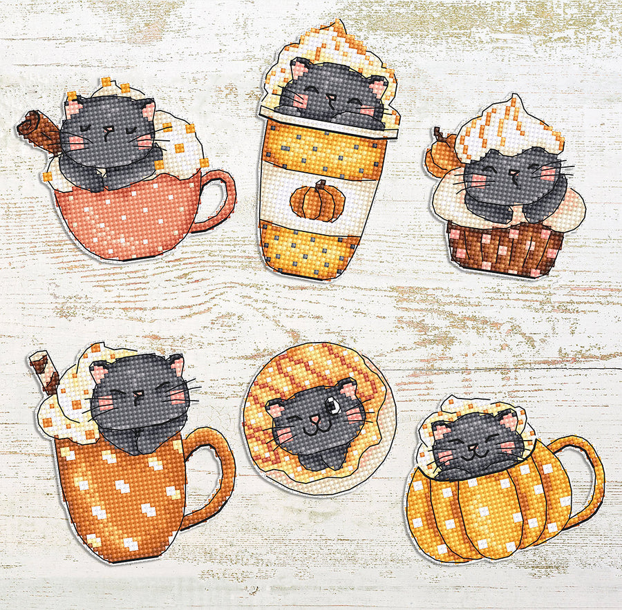 Kit de punto de cruz Gatitos en Tazas de Calabaza (Juego de 6) de Letistitch, 9x7 cm
