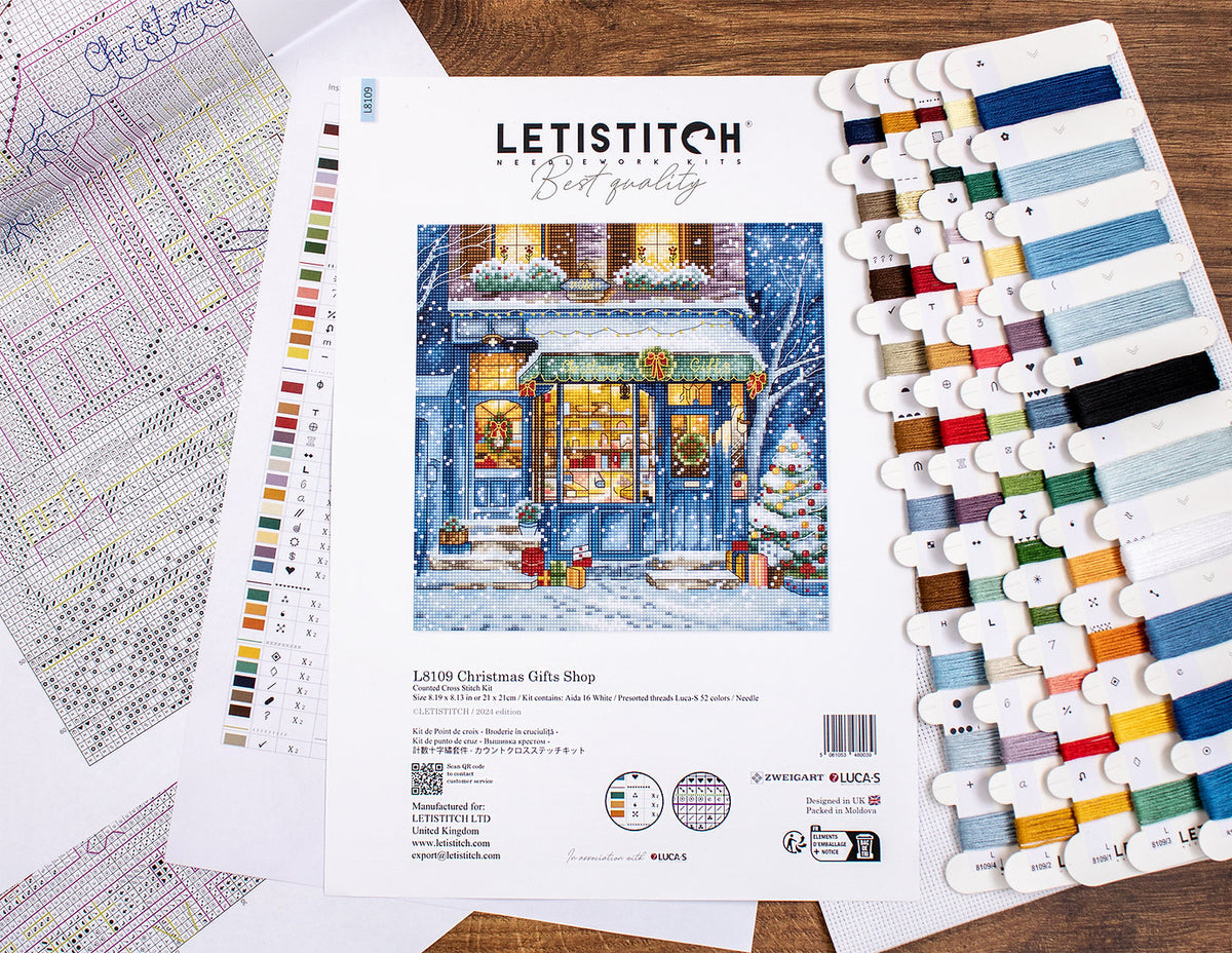 Kit de Punto de Cruz Letistitch L8109 "Tienda de Regalos Navideños (Christmas Gifts Shop)" – Navidad 21x21 cm