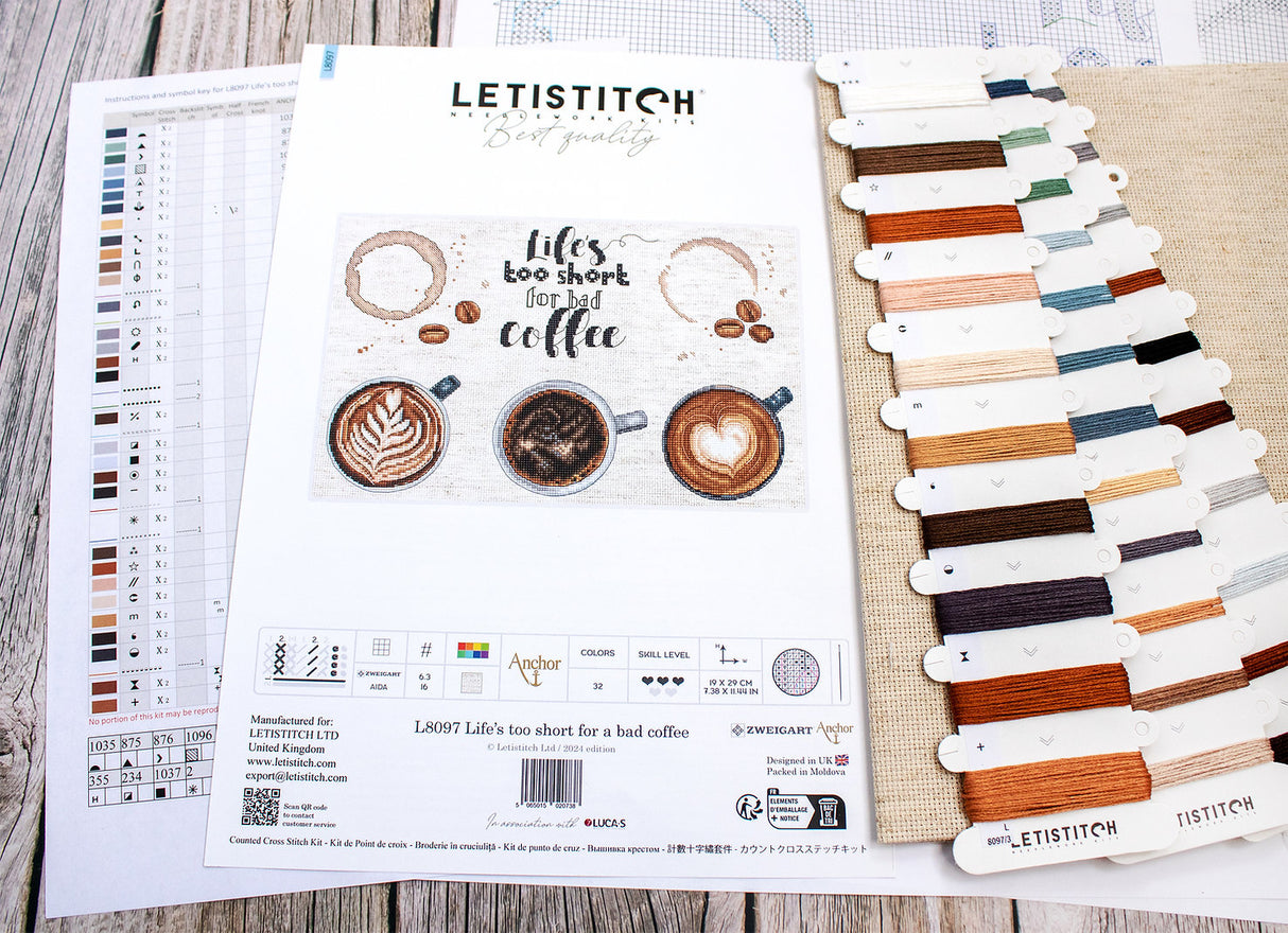 Kit de Punto de Cruz Letistitch L8097 "La Vida es Demasiado Corta para un Mal Café"