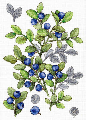 Kit de punto de cruz Bilberry MP Studia con ramas de arándanos azules y hojas verdes en estilo botánico sobre tela blanca