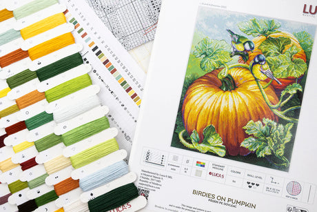 Materiales del kit de punto de cruz Luca-S Birdies On Pumpkin