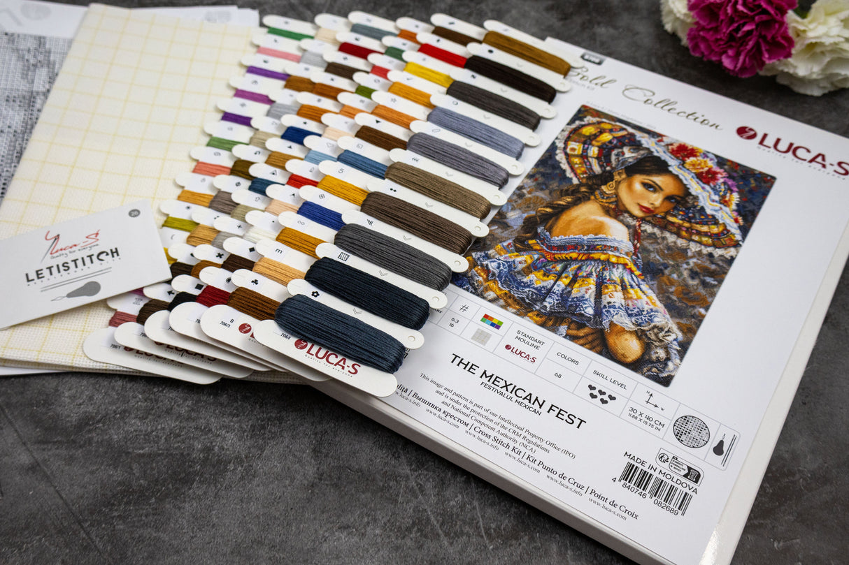 Presentación del kit de punto de cruz Luca-S GOLD The Mexican Fest B706 con todos los materiales incluidos