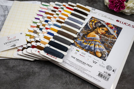 Presentación del kit de punto de cruz Luca-S GOLD The Mexican Fest B706 con todos los materiales incluidos