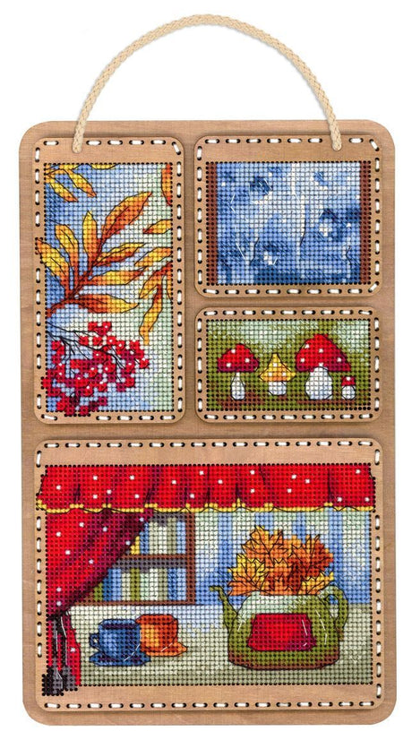 Kit de punto de cruz sobre base de madera Autumn Collage MP Studia con escenas otoñales bordadas y diseño decorativo listo para colgar