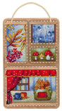 Kit de punto de cruz sobre base de madera Autumn Collage MP Studia con escenas otoñales bordadas y diseño decorativo listo para colgar