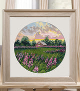 Kit de punto de cruz Oven 1737 Pink Distances – Paisaje con Flores Rosadas 25x25 cm