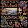 Kit de punto de cruz MP Studia SNV-1036 Sampler Dawn in the Village con casa de pueblo, montañas, flores, bayas y motivos decorativos sobre tela negra.