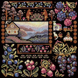 Kit de punto de cruz MP Studia SNV-1036 Sampler Dawn in the Village con casa de pueblo, montañas, flores, bayas y motivos decorativos sobre tela negra.