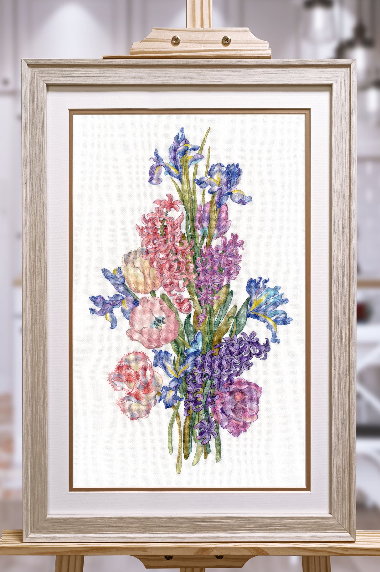 Kit de punto de cruz Hyacinths Oven 1719 con ramo floral de jacintos e iris en tonos suaves sobre tela Aida blanca