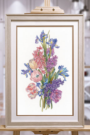 Kit de punto de cruz Hyacinths Oven 1719 con ramo floral de jacintos e iris en tonos suaves sobre tela Aida blanca