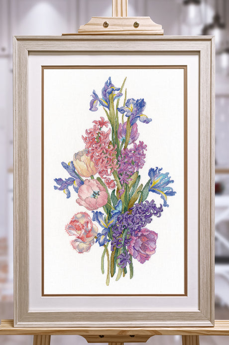 Kit de punto de cruz Hyacinths Oven 1719 con ramo floral de jacintos e iris en tonos suaves sobre tela Aida blanca