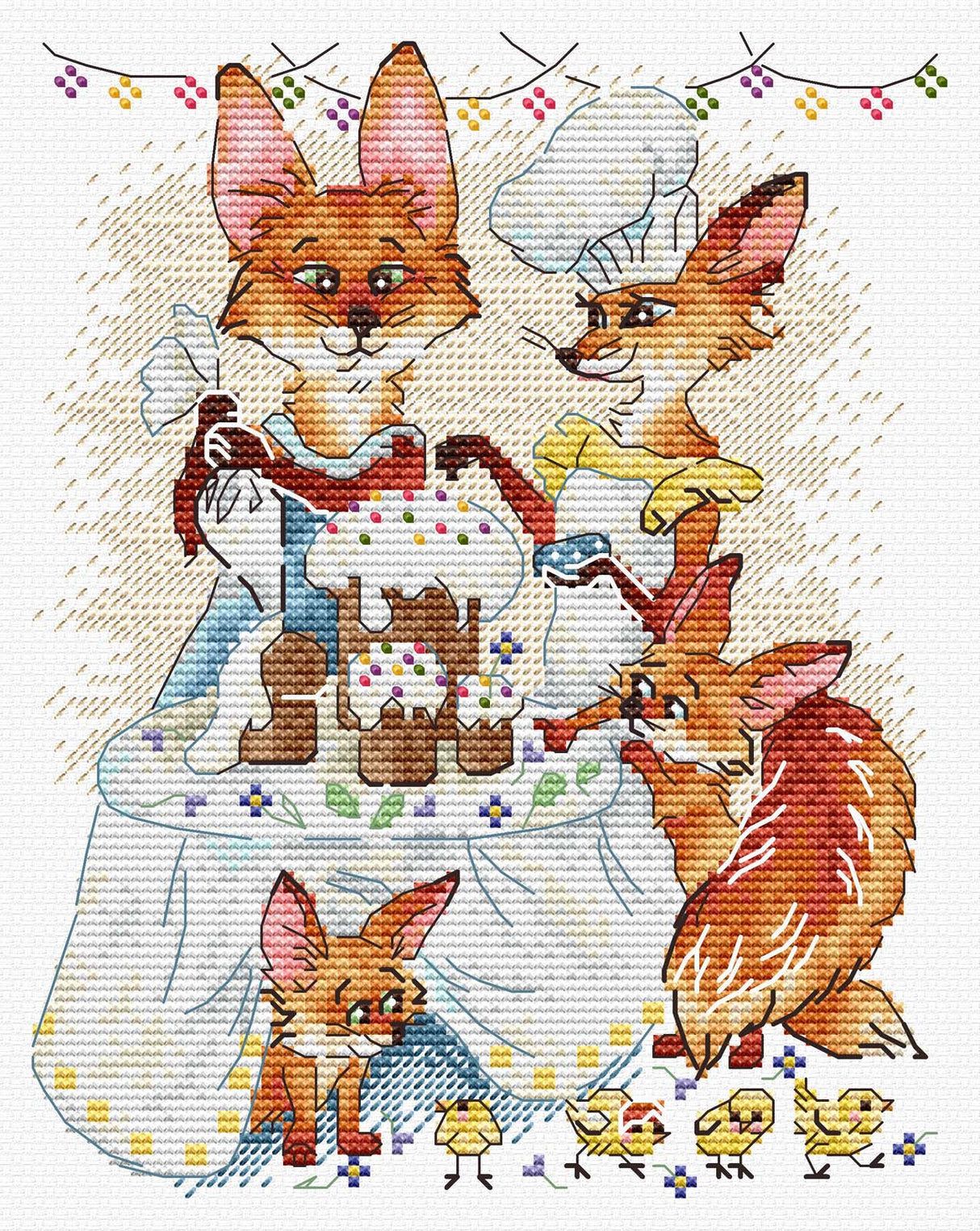 Kit de punto de cruz MP Studia SM-1249 Festive Dinner con zorros cocineros, pollitos, huevos de Pascua y mesa festiva bordada sobre canvas blanco.