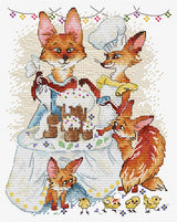 Kit de punto de cruz MP Studia SM-1249 Festive Dinner con zorros cocineros, pollitos, huevos de Pascua y mesa festiva bordada sobre canvas blanco.