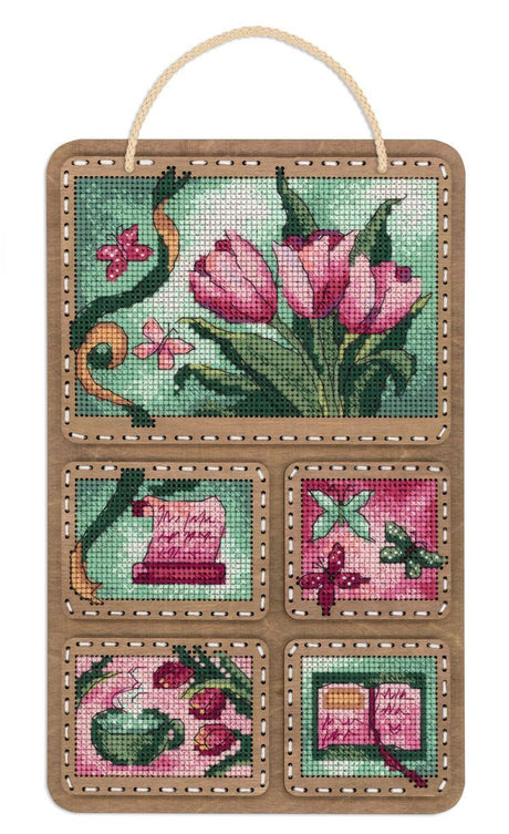Kit de punto de cruz sobre base de madera Spring Collage MP Studia con diseño floral primaveral y piezas decorativas bordadas