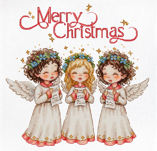 Kit de punto de cruz Luca-S Angelic Song Merry Christmas con tres angelitos cantores