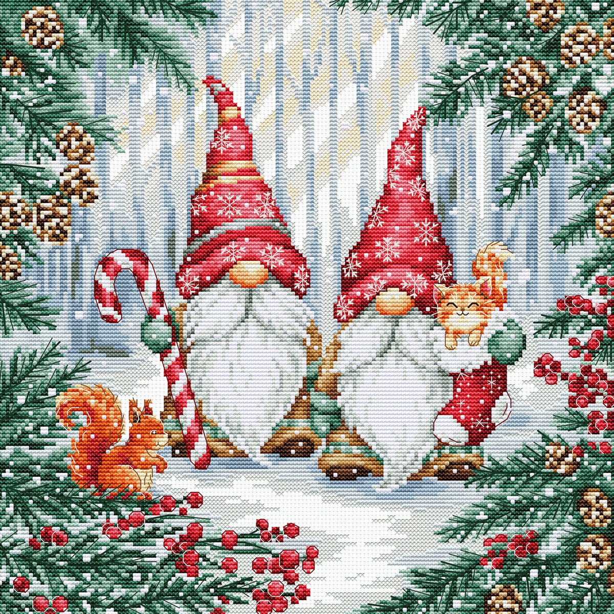 Kit de punto de cruz Luca-S Forest Friends con gnomos navideños en bosque nevado