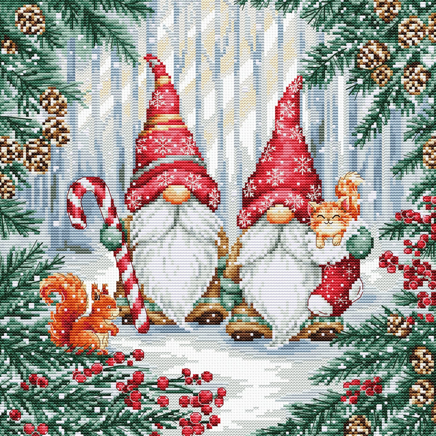 Kit de punto de cruz Luca-S Forest Friends con gnomos navideños en bosque nevado