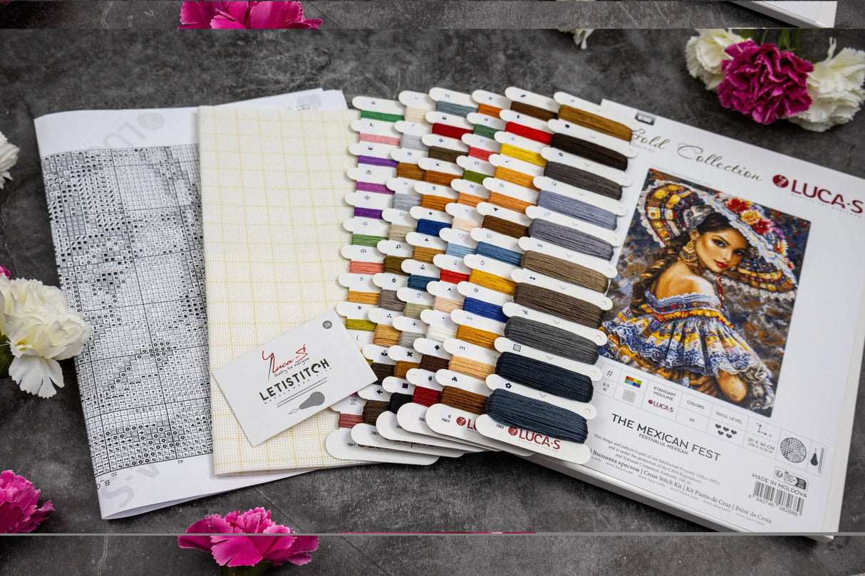Hilos y tela incluidos en el kit de punto de cruz Luca-S GOLD The Mexican Fest B706