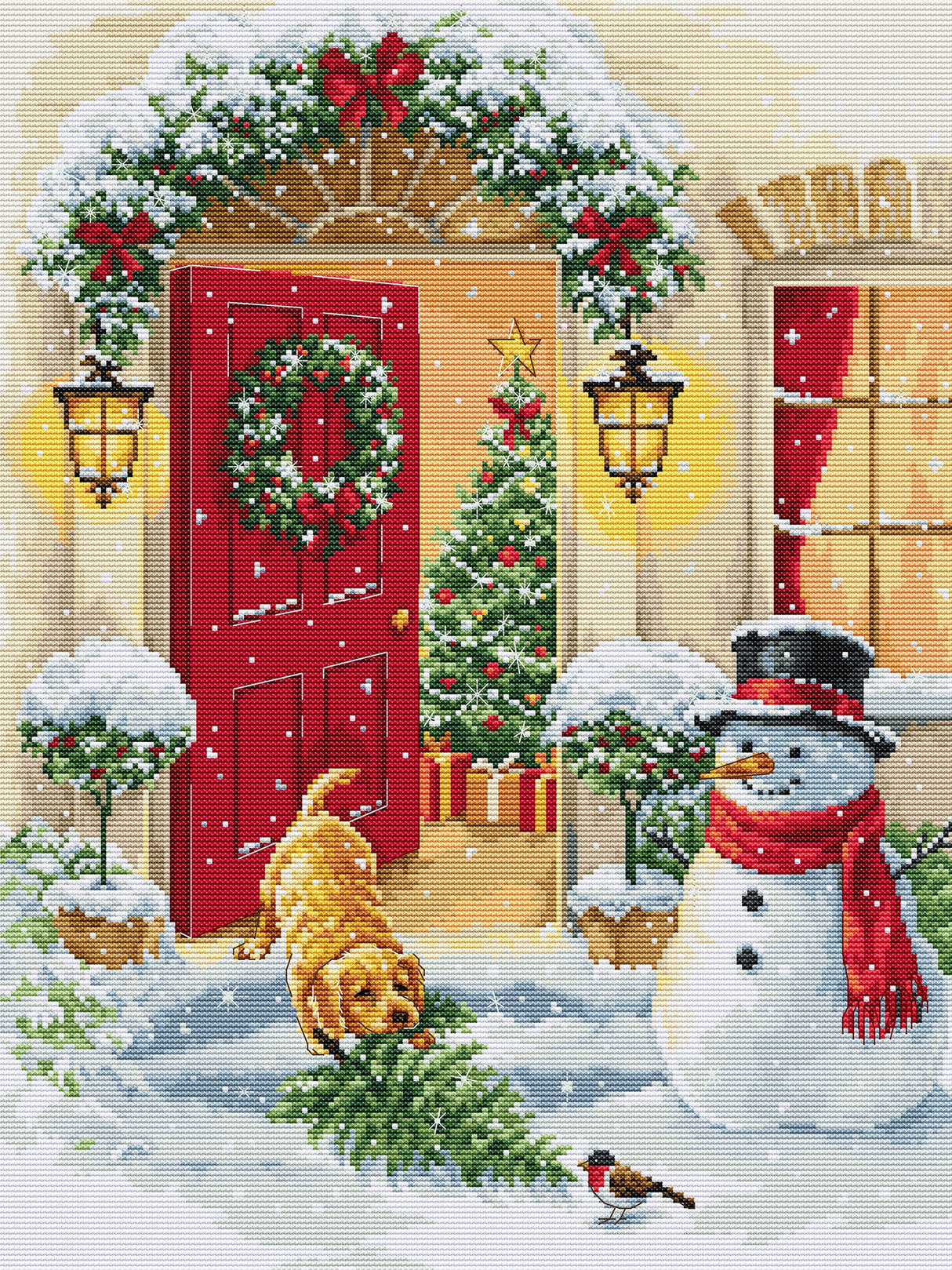 Kit de punto de cruz Luca-S Puppy Joy con cachorro juguetón en escena navideña invernal