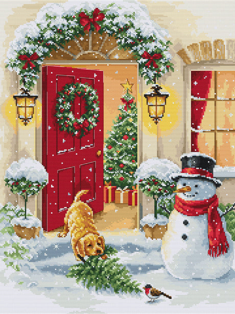 Kit de punto de cruz Luca-S Puppy Joy con cachorro juguetón en escena navideña invernal