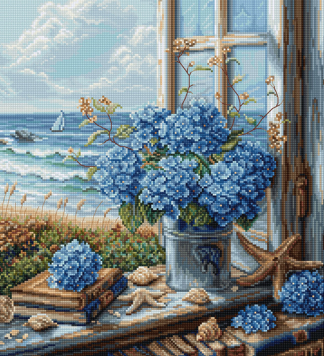 Kit de punto de cruz Luca-S Vista al Mar BU5065 con paisaje marino y hortensias