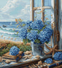 Kit de punto de cruz Luca-S Vista al Mar BU5065 con paisaje marino y hortensias