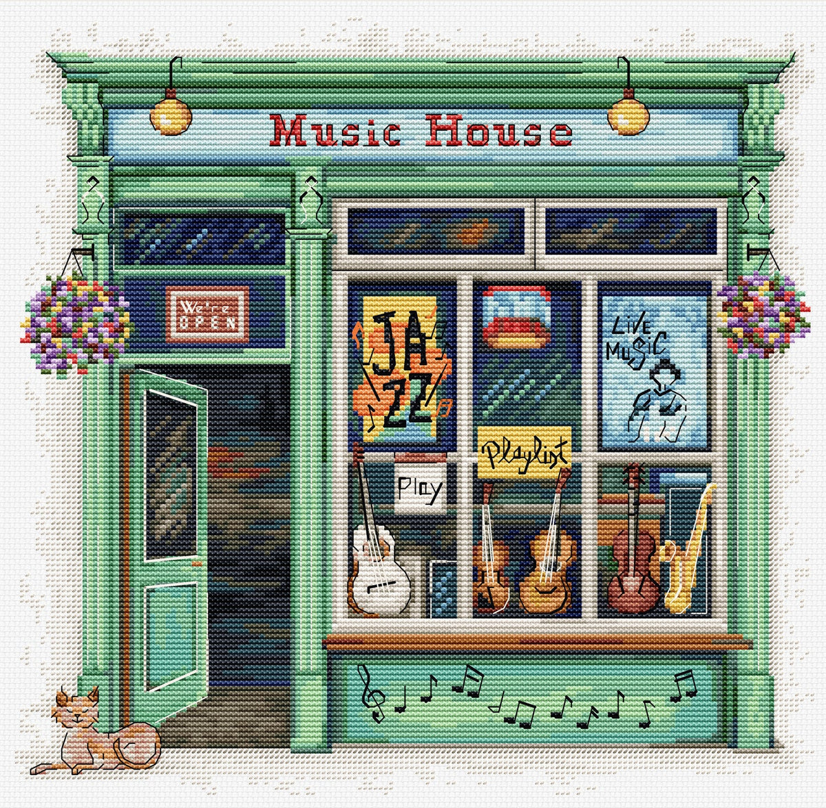 Kit de punto de cruz Luca-S Music House con fachada de tienda de música y estilo vintage