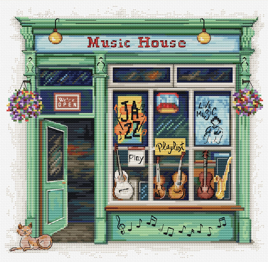 Kit de punto de cruz Luca-S Music House con fachada de tienda de música y estilo vintage