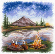 Kit de punto de cruz MP Studia SNV-955 Under the Starry Sky con tienda de campaña, lago, hoguera y cielo azul estrellado bordado sobre tela blanca.