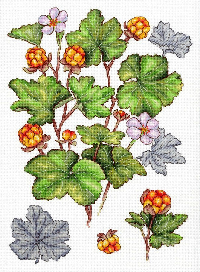 Kit de punto de cruz Cloudberry MP Studia con ramas de frutos silvestres anaranjados y hojas verdes en estilo botánico sobre tela blanca