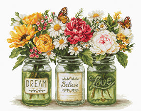 Kit de punto de cruz Luca-S B7064 Dream Before Love con flores en tarros de cristal y mariposas