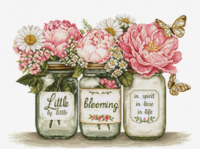 Kit de punto de cruz Luca-S B7065 Little by Little Blooming con flores en tarros de cristal y mariposas